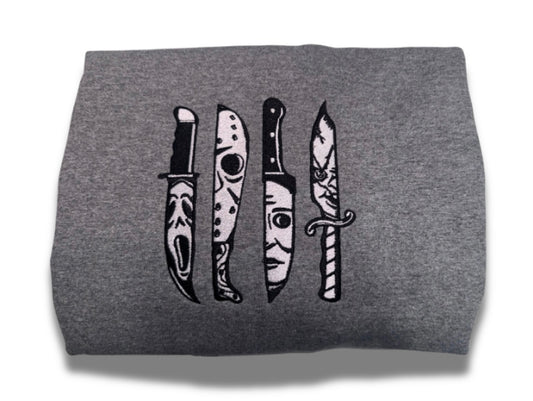 Halloween Knives Embroidered Crew Neck Gray