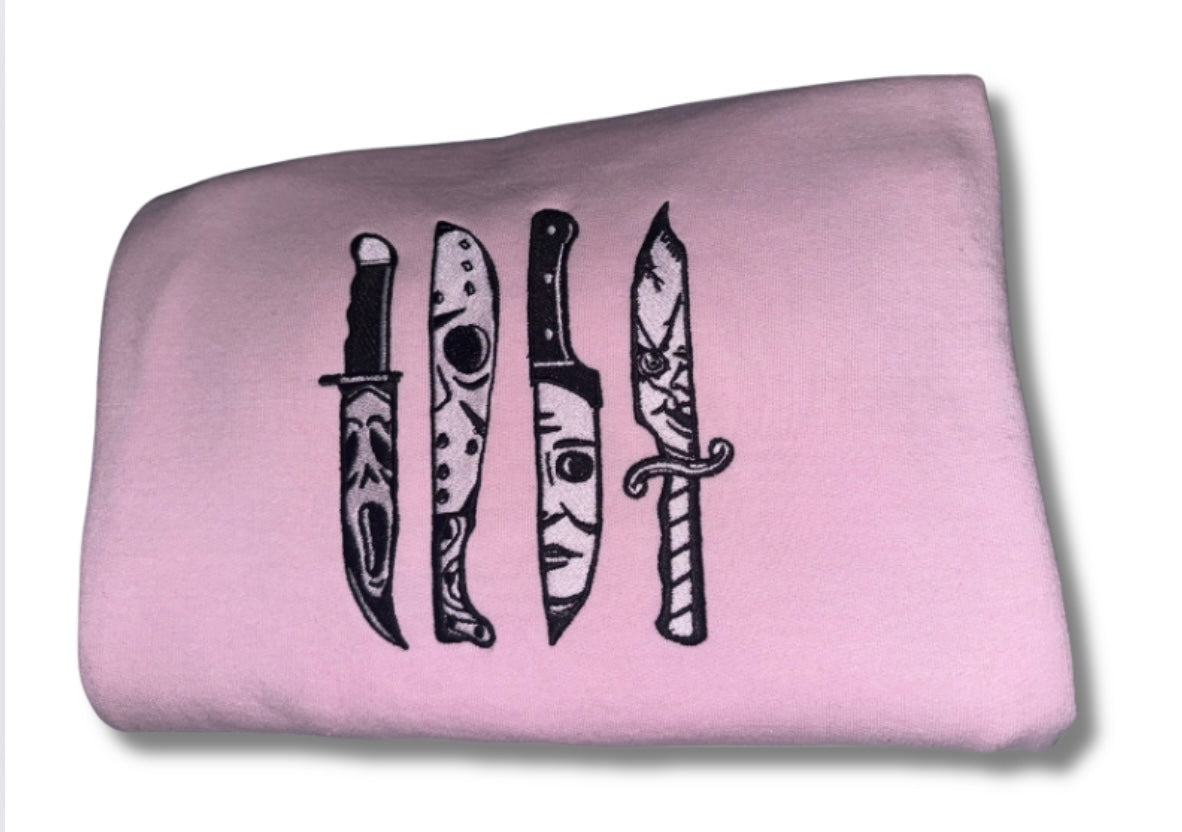 Halloween Knives Embroidered Crew Neck Pink