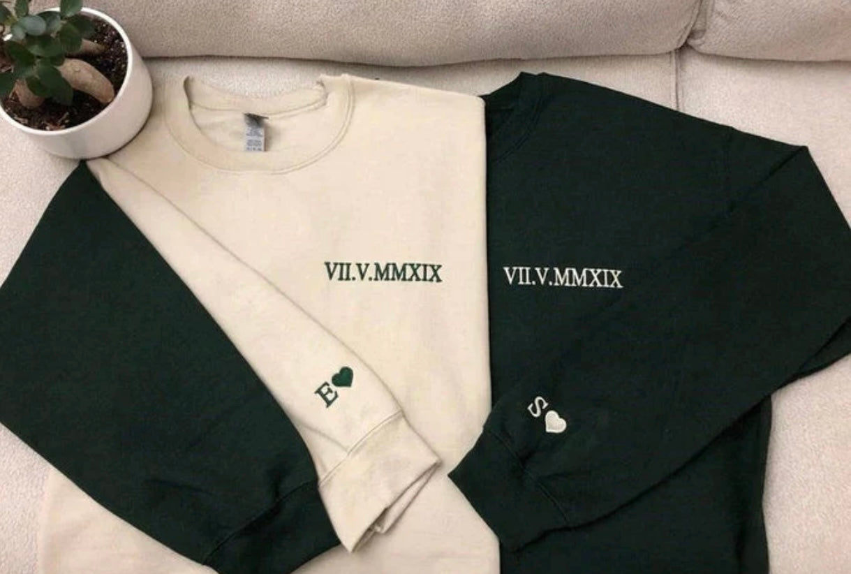 Custom Embroidered Roman Numeral Couples Crewneck/Hoodie (Read Description)